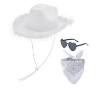 ZBHDEYG 1 Cappello da Cowboy Western, 1 Occhiale da Amore, 1 Sciarpa Quadrata con Motivo Nero, Cappello da Cowboy con Tesa di Piume, Cappello da Cowboy con Paillettes, Feste A Tema E Giochi di Ruolo