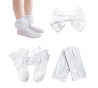 ZBHDEYG 1 Paio Di Guanti, 1 Paio Di Calzini Con Fiocco, 1 Forcina, Calzini Di Pizzo Per Bambini, Calzini Di Pizzo A Metà Polpaccio, Accessori Per Abiti Da Comunione Per Bambini, Accessori Principessa