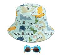 ZBHDEYG 1 Pezzo di Cappello A Secchiello di Dinosauro, 1 Paio di Occhiali da Sole di Dinosauro, Cappello con Stampa di Cartoni Animati, Cappello da Sole A Botte, Adatto A Ragazzi E Ragazze