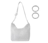 ZBHDEYG Borsa in strass argento con 2 anelli aperti, portamonete in cristallo, piccola borsa quadrata scintillante a tracolla, da donna, catena alla moda, argento, Taglia unica