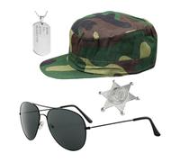 ZBHDEYG Set Da Travestimento Militare Da 4 Pezzi, Berretto Militare Mimetico, Occhiali Da Sole, Targhetta Identificativa, Distintivo Per Gioielli, Accessori Per Feste A Tema Militare