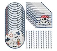 ZBHDEYG Set di stoviglie pirata, 48 pezzi, piatti di carta, cannucce, tovaglioli, stoviglie a tema pirata, decorazione da tavolo, decorazione di compleanno per ragazzi