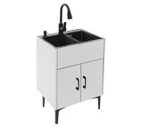 ZBJDX Mobile Lavabo da Lavanderia Indipendente, Lavello in Acciaio Inox Nano con Mobile e Rubinetto Estraibile, Lavello da Cucina Tutto-in-Uno per Garage e Bagni,Bianca,24in