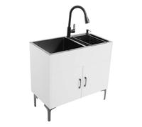 ZBJDX Mobile Lavabo da Lavanderia Indipendente, Lavello in Acciaio Inox Nano con Mobile e Rubinetto Estraibile, Lavello da Cucina Tutto-in-Uno per Garage e Bagni,Bianca,30in