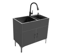 ZBJDX Mobile Lavabo da Lavanderia Indipendente, Lavello in Acciaio Inox Nano con Mobile e Rubinetto Estraibile, Lavello da Cucina Tutto-in-Uno per Garage e Bagni,Nero,32in