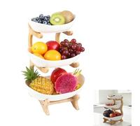 Zbozzba Alzata per frutta con 3 ripiani, con supporto in legno, per verdure, frutta, snack (ceramica)