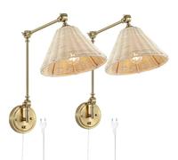 ZBZFGE Lampada da Parete Vintage in Rattan Boho Regolabile con Braccio Lungo, Oro con Spina, Cavo, Interruttore, Lampada da Lettura a Parete, Braccio Girevole, Applique in bambù retrò, Braccio