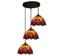 ZBZFGE Red Dragonfly Style Pendant Hanging Lamp, 8 inch Stained Glass Dining Room, Height Adjustable Ceiling for Farmhouse Kitchen Island Decor,3 Light 76cm