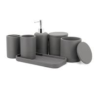 ZCCZ - Set accessori bagno grigio 6 pezzi - Organizer con portaspazzolino, dispenser sapone lozione, vassoio toeletta e 2 supporti Qtip - Arredo moderno elegante per casa