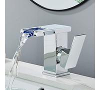 ZCCZJS Lavello del Bagno a Cascata a LED, Rubinetto del Bagno in Ottone, Rubinetto per Bagno a Manico Singolo con 3 Mute a Mezza Luce, Miscelatore ad Acqua Calda e Calda, Cromo, Corto