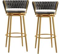 ZCEDZYSW Set di 2 lussuosi sgabelli da bar girevoli in velluto con schienale curvo intrecciato e gambe in metallo grigio, oro 75 cm