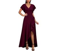 ZCXCsfp Abito lungo da donna, elegante, con scollo a V, con volant e maniche corte svolazzanti, vita imperiale, spacco, A-bordeaux, 50