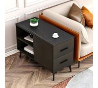 ZDFTGKM Tavolino rettangolare in pietra con base in ferro nero, cassetti e vano portaoggetti inclusi tavolino divano, ardesia nordico lungo comodino angolo comodino piccolo caffè 99 cm lunghezza x