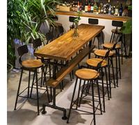 ZDFTGKM Tavolo da bar rettangolare industriale con piano in legno di pino + base a cavalletto in ferro, senza sedie, per bar, ristorante, pasticceria, stile americano, lungo, marrone, 199,9 x 50 x