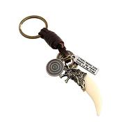 ZDHC Lupo Zanna Dente Totem Ciondolo Portachiavi Vintage In Pelle Intrecciato Portachiavi Charm Animale Amuleto Buona Fortuna Ornamento per Borsa Auto, bianco, Taglia unica