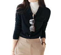 ZDJSWJ Cardigan monocromatico a maglia a coniglietto per le donne polo colletto autunno manica lunga cardigan lavorato a maglia con maglione tascabile, Nero , XL