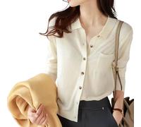 ZDJSWJ Cardigan monocromatico a maglia a coniglietto per le donne polo colletto autunno manica lunga cardigan lavorato a maglia con maglione tascabile, beige, L