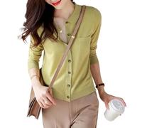 ZDJSWJ Cardigan monocromatico a maglia a coniglietto per le donne polo colletto autunno manica lunga cardigan lavorato a maglia con maglione tascabile, verde, L