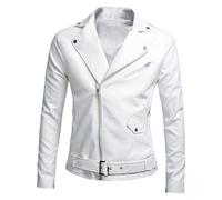 ZDJSWJ Giacca in pelle con lacci laterali da uomo Slim Fit similpelle bike jacket Flip neck moto pu jacket, bianco, L