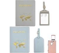 ZDNT 4 Pezzi Custodia Passaporto e Etichette Valigie,Porta Passaporto,Porta Passaporto da Viaggio Unisex Portafoglio da Viaggio per Passaporti,Carte d'Identità,Biglietti Aerei (Blu,Grigio)