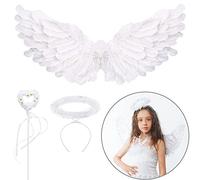 ZDQC 3 Pezzi Ali d Angelo,60 cm Ali di Piuma,Costume da Angelo da Donna,Decorazione con Alone e Bacchetta magica (Bianco)