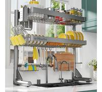 ZDRongZhen - Scolapiatti sopra il lavello, 3 ripiani, in acciaio inox 304, lunghezza regolabile (57 cm ~ 89 cm), bancone da cucina con set per appendere tazze e gancio (grigio scuro-3 livelli)