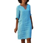 ZDSUHYIW Abito in lino da donna, estivo, con scollo a V, a maniche corte, in cotone, lino, casual, con stampa, per il tempo libero, per la spiaggia, linea ad A, in lino, Blu, S