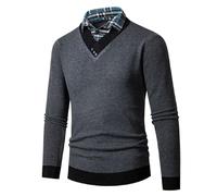 ZDSUHYIW Camicia da uomo 2 in 1, a maniche lunghe, con scollo a V, slim fit, semplice, casual, maglione invernale con colletto a camicia, mock, grigio scuro, XL