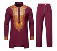 ZDSUHYIW Completo da Uomo Africano Dashiki, Set a Due Pezzi, Outfit Tradizionale Tribale, Camicia a Maniche Lunghe e Pantaloni, Completo Musulmano Arabo del Medio Oriente con Maniche Lunghe, Completo