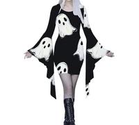 ZDSUHYIW Costume da fantasma di Halloween, da donna, con scollo a V, maniche a tromba, irregolare, per il tempo libero, feste, sexy, nero, costume per feste di Halloween