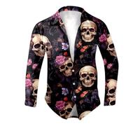 ZDSUHYIW Costume di Halloween da uomo, camicia spaventosa, con teschio, rosa stampata 3D, a maniche lunghe, per carnevale, per il tempo libero, per il festival, costume da scheletro, viola scuro, L