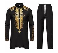 ZDSUHYIW Tuta africana Dashiki da uomo Set di due pezzi Tradizionale Tribale Abiti Manica Lunga Camicia e Pantaloni Musulmani Arabo Medio Oriente Vestito con Maniche Lunghe Islamico Abito, 01 nero, XL