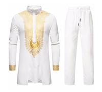 ZDSUHYIW Tuta africana Dashiki da uomo Set di due pezzi Tradizionale Tribale Abiti Manica Lunga Camicia e Pantaloni Musulmani Arabo Medio Oriente Vestito con Maniche Lunghe Islamico Abito, bianco, M