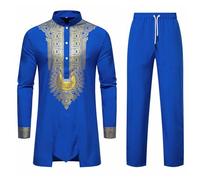 ZDSUHYIW Tuta africana Dashiki da uomo Set di due pezzi Tradizionale Tribale Abiti Manica Lunga Camicia e Pantaloni Musulmani Arabo Medio Oriente Vestito con Maniche Lunghe Islamico Abito, Blu, M