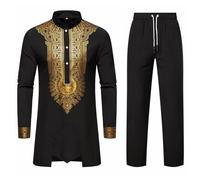 ZDSUHYIW Tuta africana Dashiki da uomo Set di due pezzi Tradizionale Tribale Abiti Manica Lunga Camicia e Pantaloni Musulmani Arabo Medio Oriente Vestito con Maniche Lunghe Islamico Abito, Nero , XL