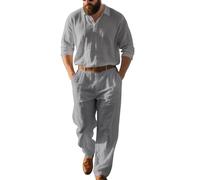 ZDSUHYIW Tuta estiva da uomo, traspirante, larga, leggera, per il tempo libero, con colletto rovesciato, in tinta unita, per le vacanze, la spiaggia, la vita quotidiana, grigio., S