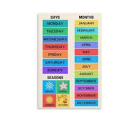 ZDVHOMCB Months & Days of the Year Learning Poster - Educational Classroom Decor for Preschool, Kindergarten & 1st Grade | Laminated Calendar Chart for Teachers Framed,08x12inch(20x30cm)
