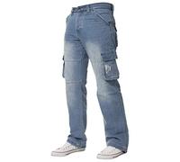 Ze ENZO Pantaloni Jeans Denim Cargo da Combattimento Firmati per Uomo Stonewash Chiaro 46W / 32L