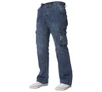 Ze ENZO Pantaloni Jeans Denim Cargo da Combattimento Firmati per Uomo Stonewash Medio 36W / 32L