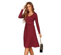 Zeagoo Abiti Maglione da Donna a Manica Lunga in Maglia Abito Elegante Scollo a V Abiti Linea A Vestiti Tinta Unita con Cintura Autunno e Inverno Vin Rouge S