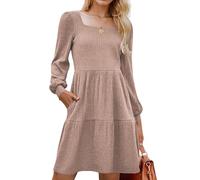 Zeagoo Abito da donna a maniche lunghe, abito autunnale, linea A, maniche a sbuffo, elegante, lavorato a maglia, vestiti lunghezza al ginocchio, con tasche, per autunno e inverno, S-XXL, cachi, M