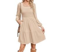 Zeagoo Abito da donna a maniche lunghe, abito autunnale, linea A, maniche a sbuffo, elegante, lavorato a maglia, abiti lunghezza al ginocchio, con tasche, per autunno e inverno, S-XXL, beige., L