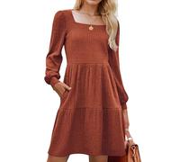 Zeagoo Abito da donna a maniche lunghe, abito autunnale, linea A, maniche a sbuffo, elegante, lavorato a maglia, lunghezza al ginocchio, con tasche, per autunno e inverno, S-XXL, caramello, S