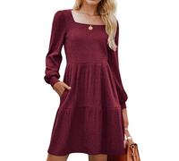 Zeagoo Abito da donna a maniche lunghe, abito autunnale, linea A, maniche a sbuffo, elegante, lavorato a maglia, lunghezza al ginocchio, con tasche, per autunno e inverno, S-XXL, rosso vivo, M