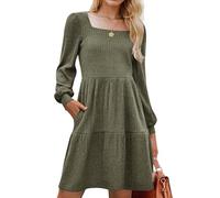 Zeagoo Abito da donna a maniche lunghe, abito autunnale, linea A, maniche a sbuffo, elegante, lavorato a maglia, lunghezza al ginocchio, con tasche, per autunno e inverno, S-XXL, verde militare, XL