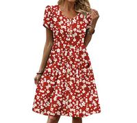 Zeagoo Abito Estivo da Donna Abito Casual con Scollo a V Tinta Unita Abito Largo con Bottoni sul Davanti Abiti Camicia Lunghi Fino al Ginocchio Rosso Floreale XL