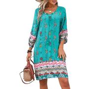 Zeagoo Abito estivo da donna, con fiori bohémien, maniche a 3/4, a tunica, per il tempo libero, azzurro, XL