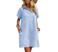 Zeagoo Abito estivo da donna, in lino, lunghezza al ginocchio, casual, da spiaggia, a maniche corte, estivo, per il tempo libero, con tasche, Azzurro, M