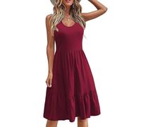 Zeagoo Abito estivo da donna, lunghezza al ginocchio, senza maniche, per il tempo libero, girocollo, volant, abito estivo elegante, con tasche, rosso vivo, M