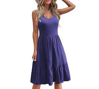 Zeagoo Abito estivo da donna, lunghezza al ginocchio, senza maniche, per il tempo libero, scollo rotondo, con volant, abito estivo elegante, con tasche, blu navy, M